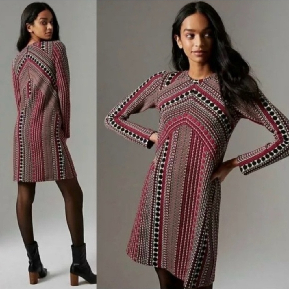 Maeve Burgundy and Black Patterned Long Sleeve Dress